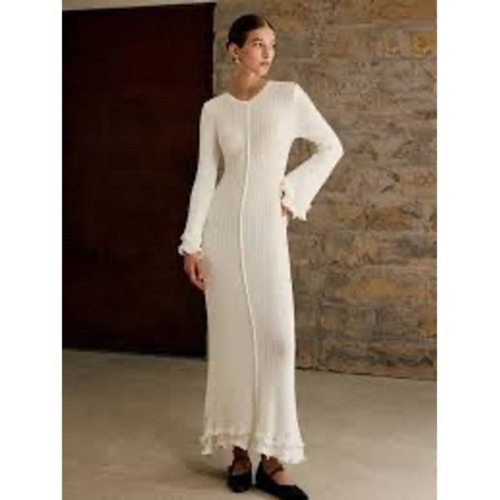 Commense White Ribbed Knit Maxi Dress Bell Sleeve Lettuce Trim Small 127050199g